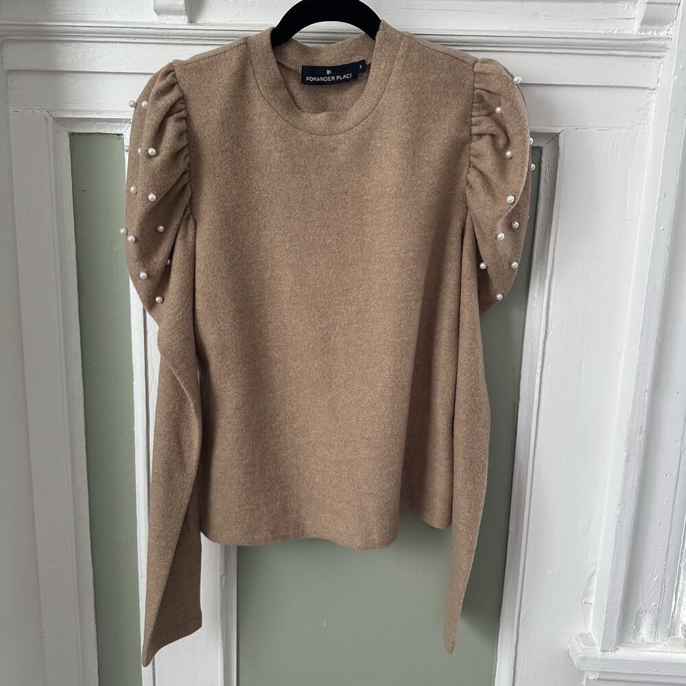 Pomander Place Tuckernuck Puff Pearl Sleeve Sweater Small Tan - Picture 6 of 6